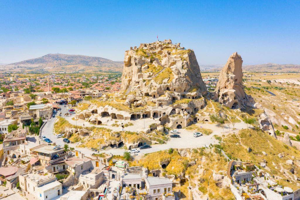 Uchisar castle in rock formation. Cappadocia. Nevsehir Province. Turkey